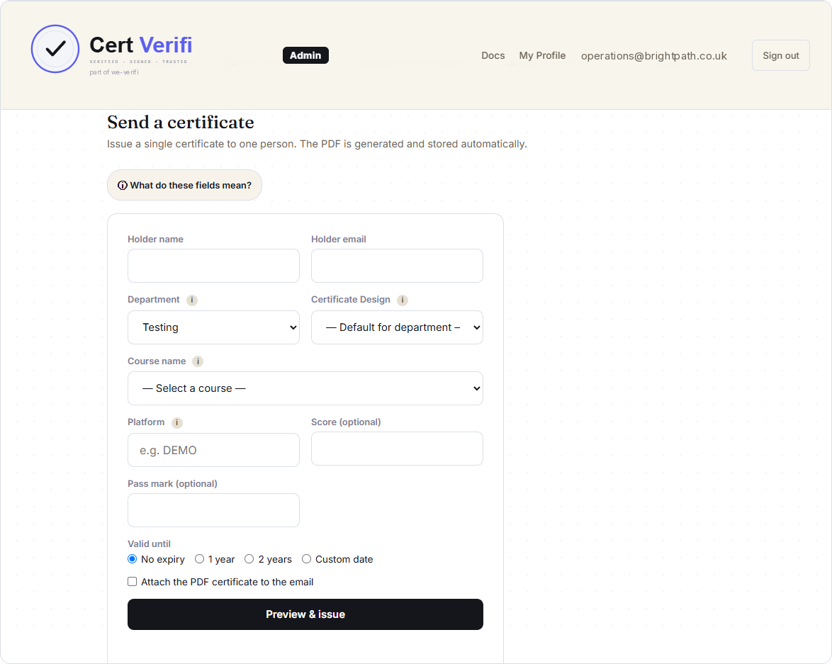 The send a certificate form, with fields for holder name and email, department, certificate design, course, platform, score and expiry.
